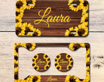 Wood Sunflower License Plate, Monogrammed Car Coaster,Personalized License Plate Frame, Monogram Car Accessories, Front Car Tag