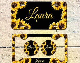 Sunflower License Frame, Car Tag, Custom License Plate, Car Coasters, Monogram License Plate Frame, Personalized Cup Coasters