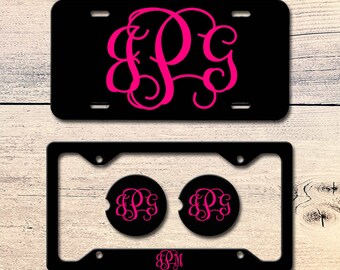 Black and Pink License Plate - Personalized Front Car Tag - Car Coasters - Monogram License Plate Frame - Rear Plate Frame