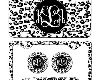 Black White Leopard License Plate Car Tag, Monogrammed License Frame, Personalized License Plate Frame, Monogram Car Coasters