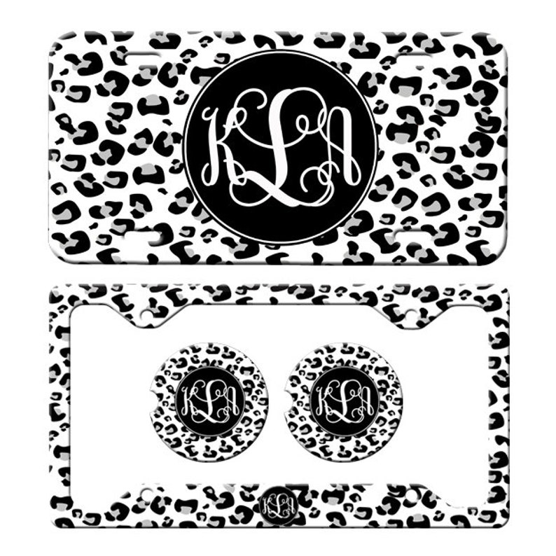 Black White Leopard License Plate Car Tag, Monogrammed License Frame, Personalized License Plate Frame, Monogram Car Coasters image 1