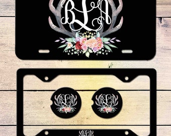 Black Floral Antler License Plate Car Tag, Personalized License Plate Frame  Car Coasters, Monogram License Plate Frame