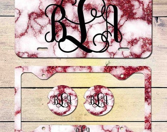 Red Marble License Plate Car Tag, Custom License Plate Frame, Car Coasters, Monogram License Plate Frame, Personalized Cup Coasters