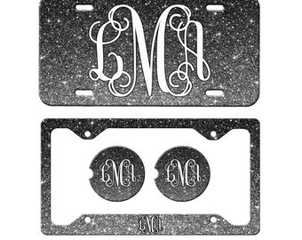 Monogrammed License Plate, Black Ombre Car Tag, Personalized License Plate Frame, Monogram Car Coasters, NOT REAL GLITTER