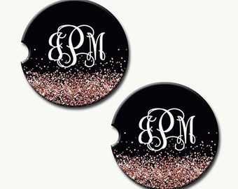 Black Rose Gold Monogram Car Coaster, Cup Holder Coasters, Personalized Car Coaster, Monogram Gift, Personalized Accessories For Women