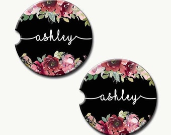 Black Floral Monogram Car Coaster, Cup Holder Coasters, Personalized Car Coaster, Monogram Gift, Personalized Accessories For Women