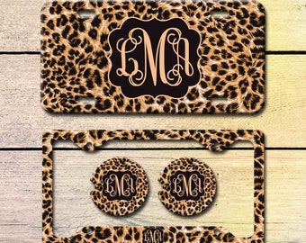 Leopard Animal Print License Plate Car Tag, Custom License Plate Frame, Car Coasters, Monogram License Plate Frame,Personalized Cup Coasters