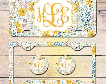 Boho Floral Daisy License Plate Car Tag, Personalized License Plate Frame  Car Coasters, Monogram License Plate Frame