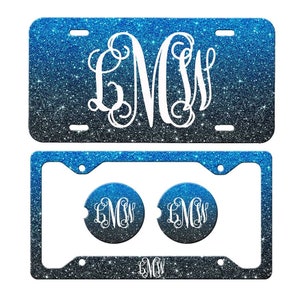Blue Ombre Car Tag, Monogrammed License Frame, Personalized License Plate Frame, Monogram Car Coasters, NOT REAL GLITTER