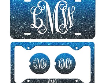 Blue Ombre Car Tag, Monogrammed License Frame, Personalized License Plate Frame, Monogram Car Coasters, NOT REAL GLITTER