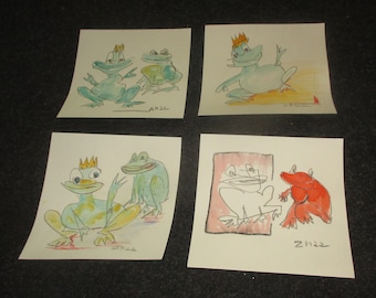 4 frogs   - Original Drawing with colored Ink and Bambu-Stick - 7.8 x 7,8 inch