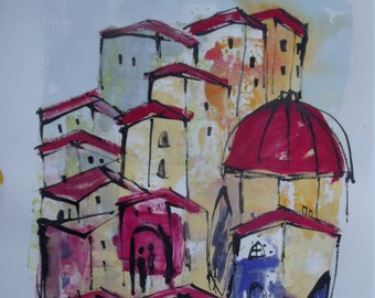 Italy Tuscany Original Drawing with colored Ink and Bambu-Stick 11,81 x 8,27 inch