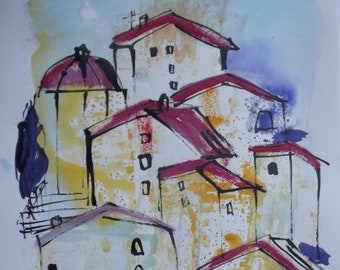 Italy Tuscany Original Drawing with colored Ink and Bambu-Stick 11,81 x 8,27 inch