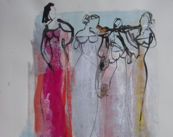 abstract jazz girls, expressive coffee Original Drawing Ink and Bambu-Stick - free shiping 11,81 x 8,27 inc pink gold landscape