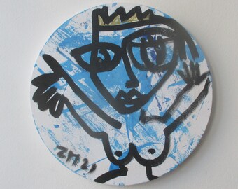 crazy blue queen Original Drawing on round Canvas / art acryl free shiping inch 5,91x5,91x0,79