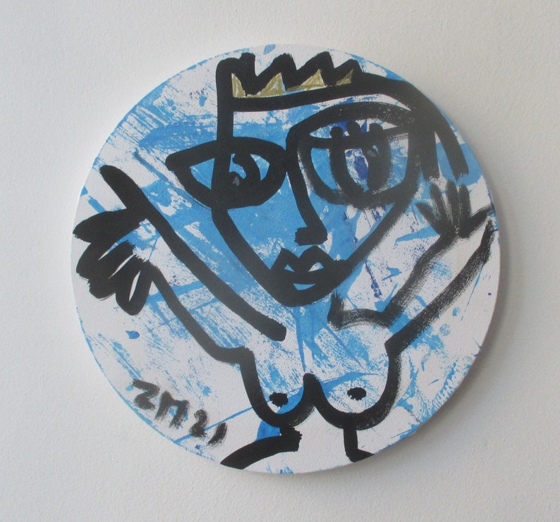 crazy blue queen Original Drawing on round Canvas / art acryl image 1