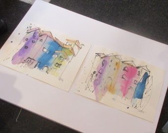 Mediterran  - Original Drawing with colored Ink and Bambu-Stick - 2 artworks  11,81 x 8,27 inc pink purplelandscape