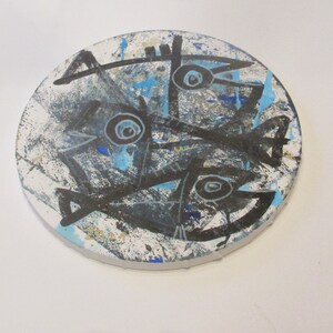 crazy fishes Original Drawing on round Canvas / art acryl free inch 5,91x5,91x0,79 image 1