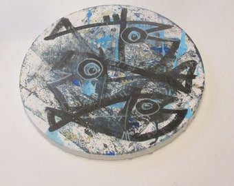 crazy fishes Original Drawing on round Canvas / art acryl free  inch 5,91x5,91x0,79