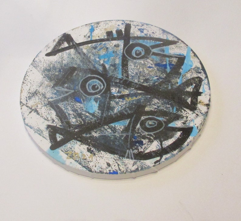 crazy fishes Original Drawing on round Canvas / art acryl free inch 5,91x5,91x0,79 image 1