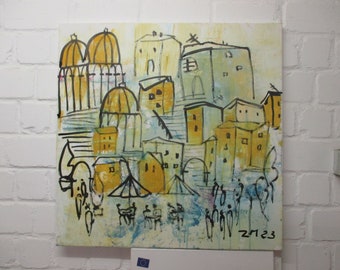 toscanische goldene Stadt 80x80 cm mediterrane Malerei