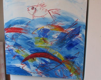 pez divertido pintura acrílica original azul-rojo en 80 x 80 cm Kunstmuellerei