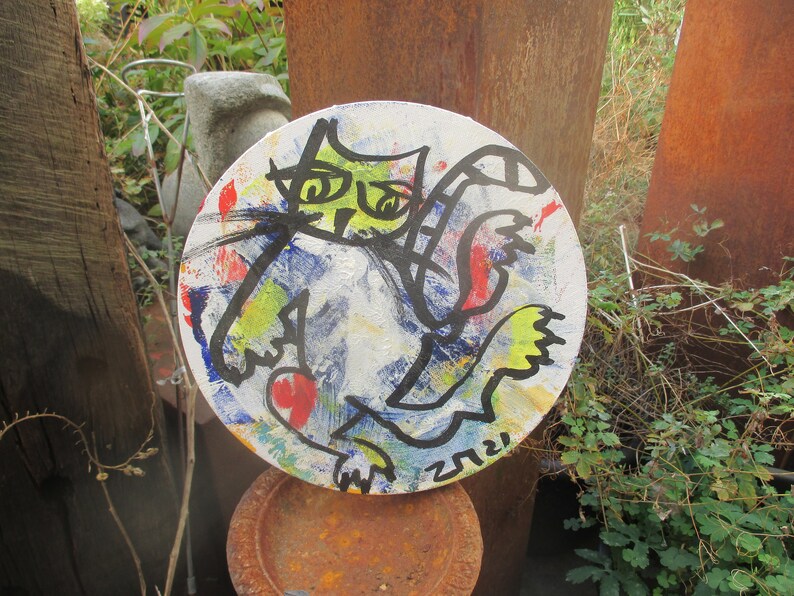 crazy cat Original Drawing on round Canvas / art acryl free image 1