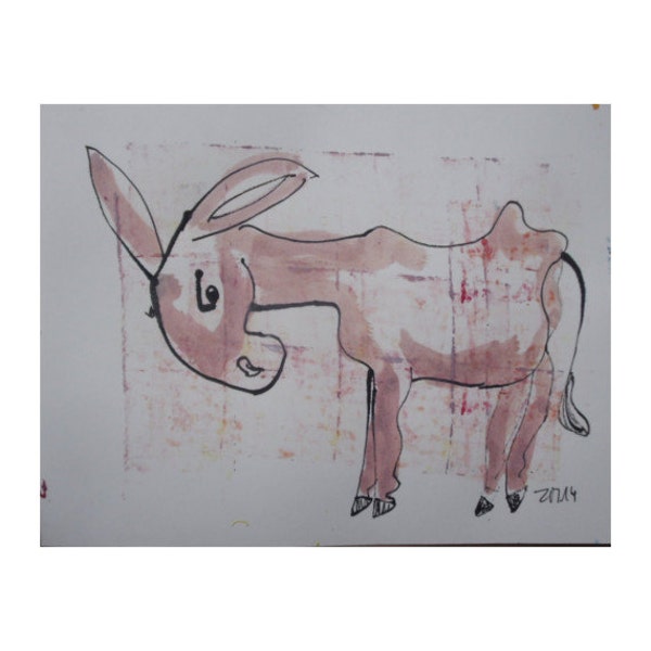 Donkey  - Original Drawing with colored Ink and Bambu-Stick - free shiping rose-pink 11,81 x 8,27 inch