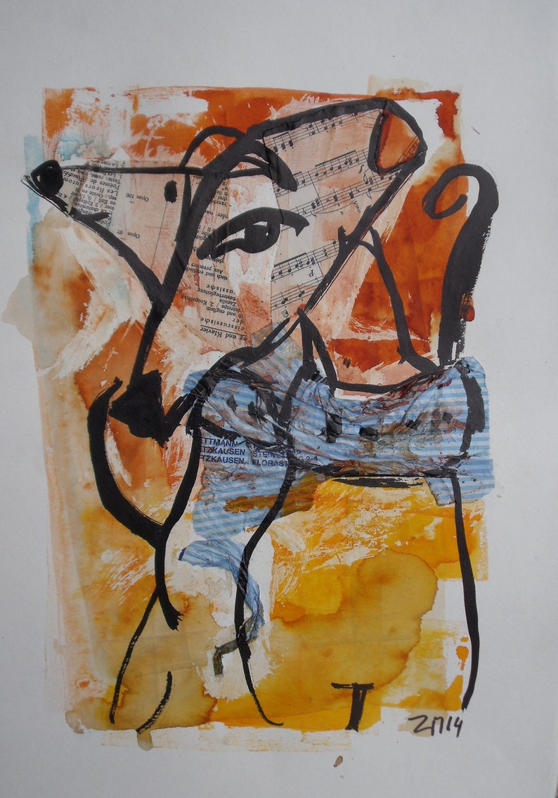 expressive coffee Original Drawing Ink and Bambu-Stick free shiping 11,81 x 8,27 inc pink gold landscape abstract greyhound dogs