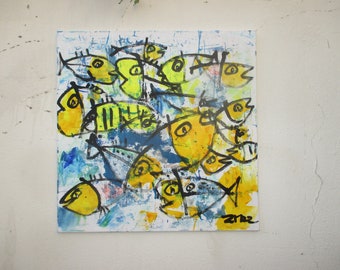 wild crazy fishes  blue and yellow hollidayfeeling xl painting