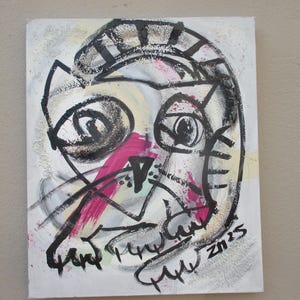 Chat avec peinture acrylique rose sur toile 60 x 50 cm