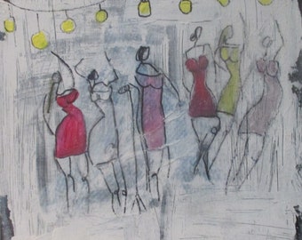 summer party girls Original art Sonja Zeltner-Müller, Drawing 15,74 x 15,74 inch white art on canvas, impressiv,