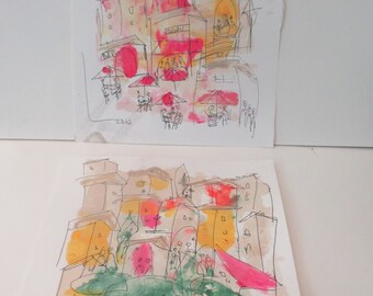 2 little tuscany landscapes Original Drawing with colored Ink and Bambu-Stick 5 x 5 inch