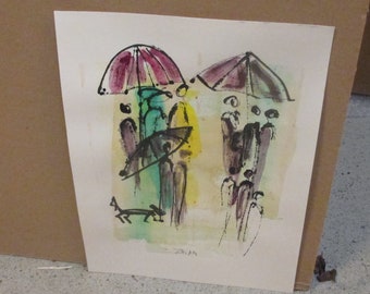 rainy dogwalk - Original Drawing with colored Ink and Bambu-Stick - free shiping 11,81 x 8,27 inc pink gold landscape