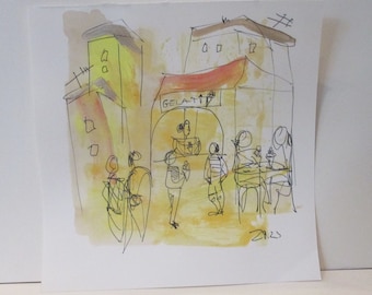 citylife people - Original Drawing with colored Ink Acryl - 7 x 7 1i