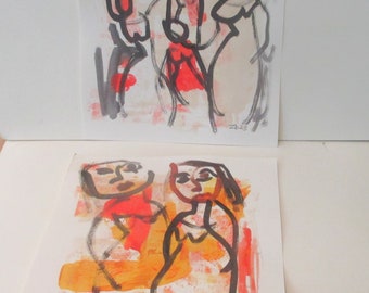 girls as friends   - Original Drawing free shiping - ink Gouache Acylic 7 x 7 inch