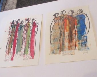 2 artworks fashion girls - Original Drawing with colored Ink and Bambu-Stick - 8,27 x 5,51i