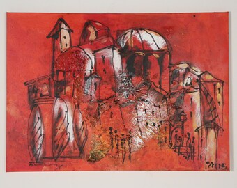 Painting, Art, Toscana, Collage, Red Canvas, Original Drawing by Sonja Zeltner-Müller