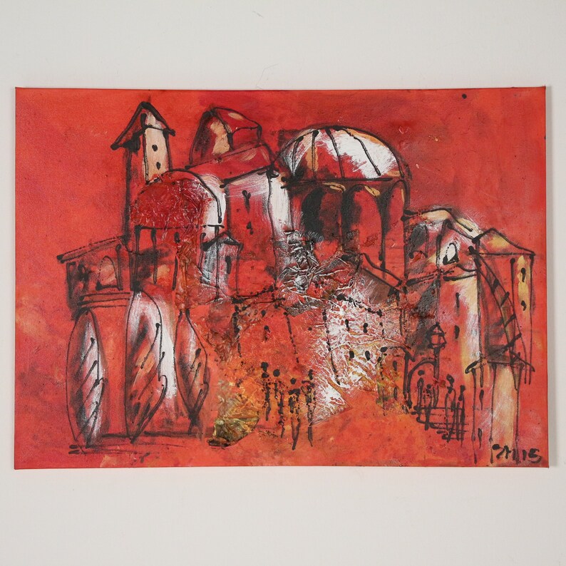 Painting Art Toscana Collage Red Canvas Original Drawing image 1