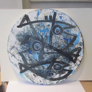 crazy fishes Original Drawing on round Canvas / art acryl free inch 5,91x5,91x0,79 image 2