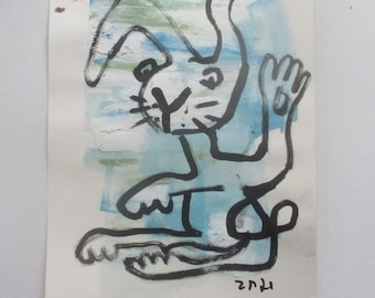 expressive fishes - Original Drawing with colored Ink and Bambu-Stick - free shiping 11,81 x 8,27 inc pink gold landscape