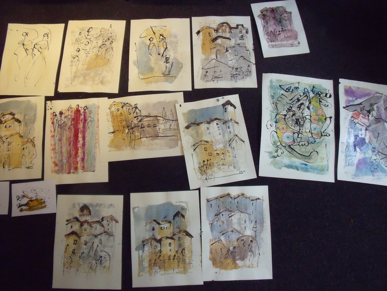 expressive coffee Original Drawing Ink and Bambu-Stick free shiping 11,81 x 8,27 inc pink gold landscape abstract greyhound dogs