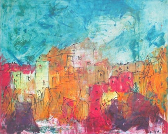 southfrance  cityscene red and yellow hollidayfeeling xl painting