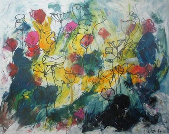 emerald Flowerpower Original Drawing Oil /  Canvas / expressive art xl 47,5 x 39,37 inch