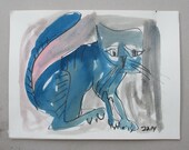 blue cat  expressive Original Drawing with colored Ink and Bambu-Stick - free shiping 11,81 x 8,27 inc pink gold landscape