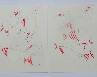 crazy red fishes expressive coffee Original Drawing Ink and Bambu-Stick - Duo 11,81 x 8,27 inc pink gold landscape