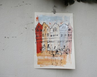 Urlaubsbild Cafe in Belgien expressive Zeichnung Unikat  59x42 Aquarell Zeichnung Gouache Tusche