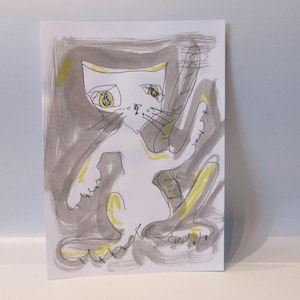 crazy cats with coffee  - Original Drawing - ink Gouache animal Aquarell 8,2x5,5 inch