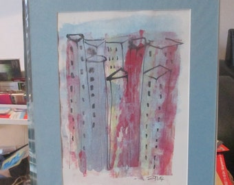 citylive, urban sketch Original Drawing with colored Ink and Bambu-Stick - free shiping 11,81 x 8,27 inc pink gold landscape