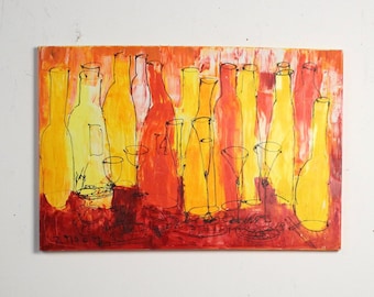Wine and dinner Painting, Art, Collage, Red Canvas, Original Drawing by Sonja Zeltner-Müller